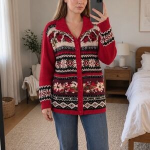 Vintage‎ Heirloom Collectibles Womens Holiday Cardigan 14/16 Red Floral Novelty